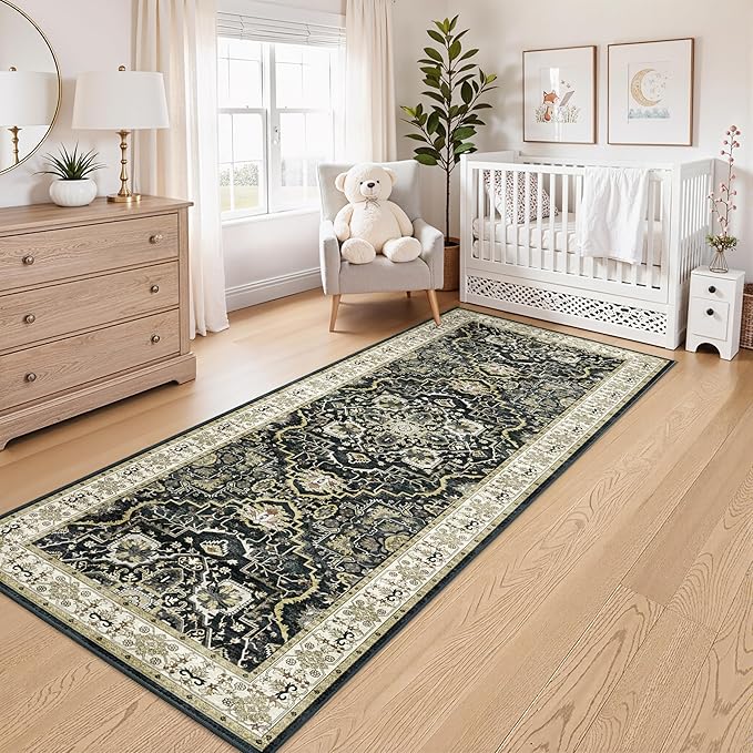 Washable Hallway Runner Rug - 3x8 Kitchen Rug Distressed Low Pile Mats Non Slip Soft Rugs for Dining Room with Rubber Backing Bedroom Runner with Vintage Design (Black 3x8)