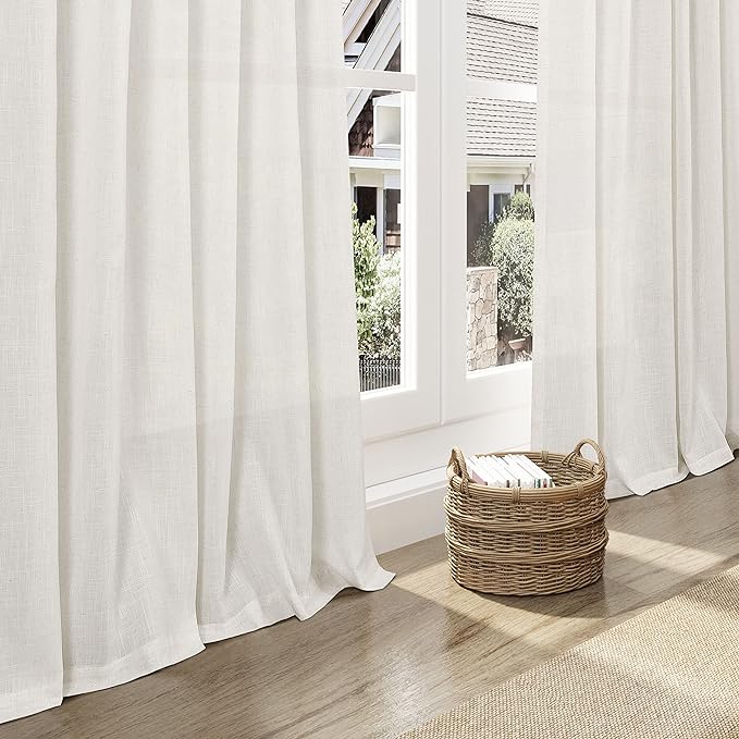 Back Tab Linen Curtains 96 inches Long 2 Panels Set for Living Room Sliding Glass Door Ivory Cream Semi Sheer Curtains Light Filtering Canvas Cloth Linen Drapes 96 inch Floor to Ceiling Length