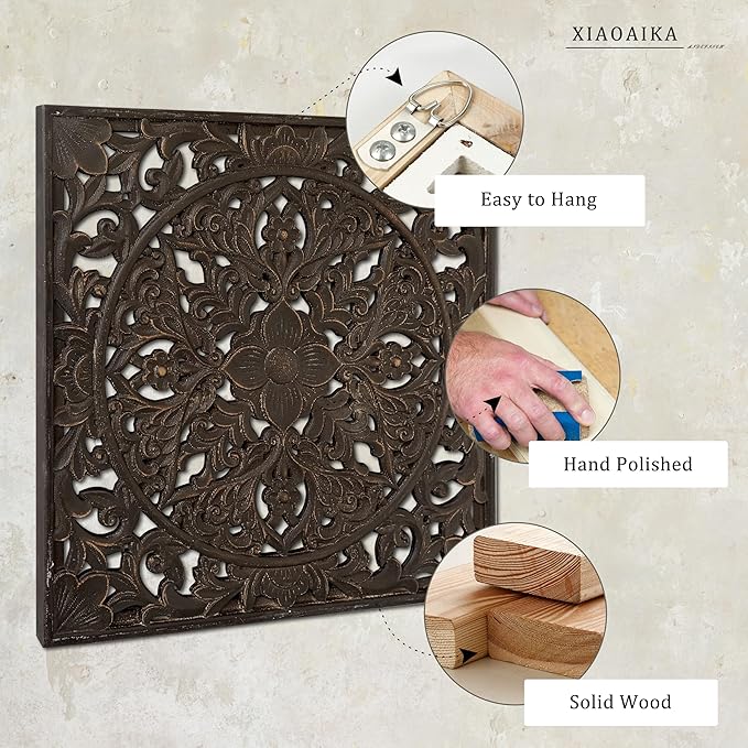 XIAOAIKA Boho Carved Wood Wall Sculpture, Intricate Floral Mandala Design with Distressed Brown Finish, Vintage Farmhouse Wall Art Panel with Solid Wood Frame for Bedroom Entryway (22" x 22")