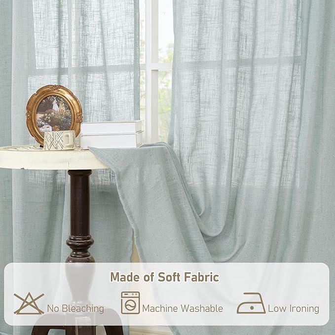 LAMIT Living Room Linen Curtains - 90 Inch, Back Tab & Rod Pocket, Light Filtering, Burlap Textured Sheer Curtains for Farmhouse, 2 Panels, 52 x 90 Inch, Greyish Blue