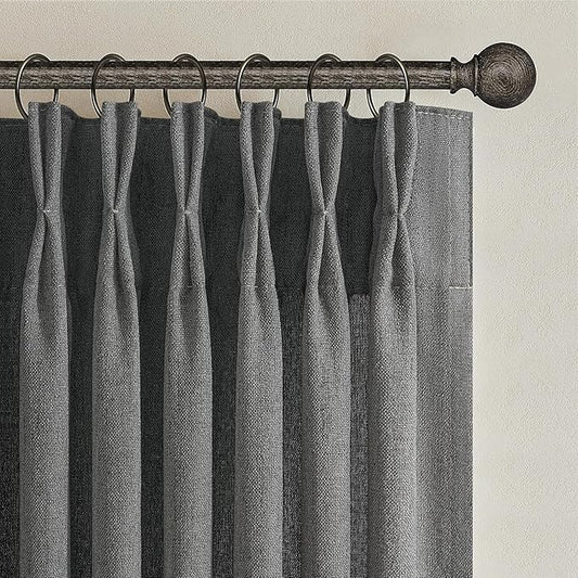 Dark Grey Pleat Semi Sheer Curtains 96 Inches Long for Bedroom, Memory Trained Pinch Pleated Linen Textured Light Filtering Modern Curtain 96 Inch Length 2 Panels Set Viral Window Drapes 8FT Length