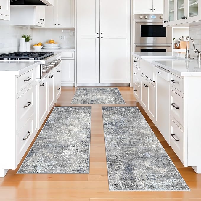 Kitchen Rug Set 3 Piece – Washable Non Slip Runner and Mat Set for Floor Entryway Bathroom Hallway – Soft Low Pile Modern Abstract Neutral Small Rugs (Blue Grey,2x3+2x4+2x5)