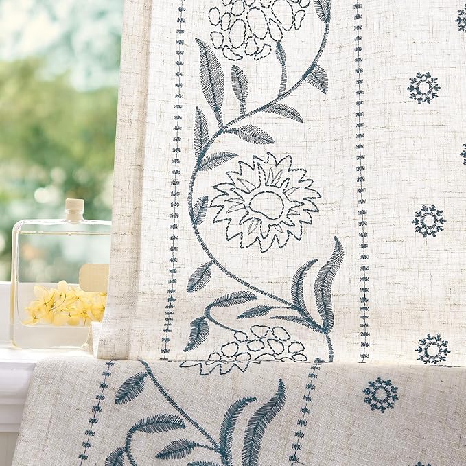 jinchan Winslow Linen Curtains 45 Inch Length Small Window Curtains Embroidered Bordered Floral Drapes Light Filtering for Bathroom Laundry Room Kitchen Farmhouse Decor Blue on Beige 2 Panels
