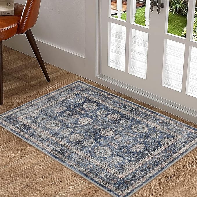 GarveeHome 2x3 Machine Washable Small Rugs for Entryway Entrance Non-Slip Vintage Doormat Indoor Soft Throw Rugs Low-Pile Bathroom Mat for Bedroom Living Room Kitchen Denim