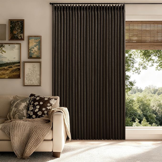 100% Blackout Linen 102 Inch Curtains 2 Panel Set for Bedroom Pinch Pleated Dark Brown Chocolate Linen Insulated Heavy Curtain 40 x 102 Inches Length Sliding Glass Door Room Darkening Drapes