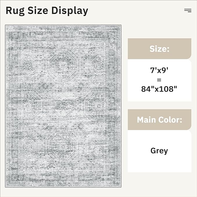 Soalmost 7x9 Area Rug for Living Room Washable Abstract Vintage Soft Thin Indoor Floor Non-Slip Carpet for Bedroom Dining Room Grey