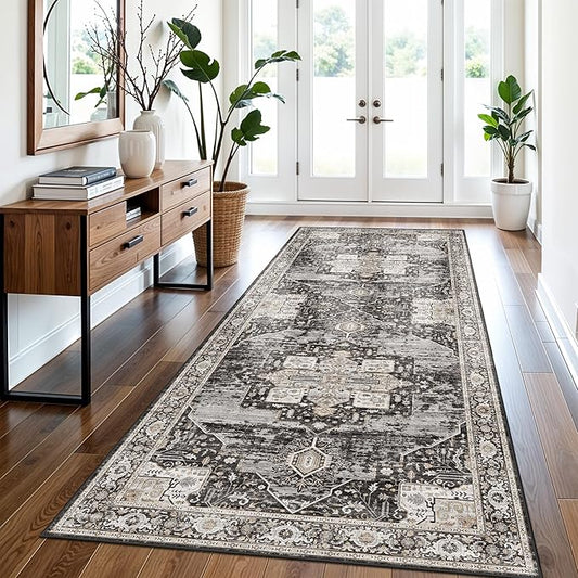 3x7 Washable Entryway Rug Runner - Vintage Non Slip Stain Resistant Runners Ultra-Thin Soft Carpets for Kitchen Hallway Bedroom Laundry Room Distressed Indoor Home Decor Mat 3X7 Black