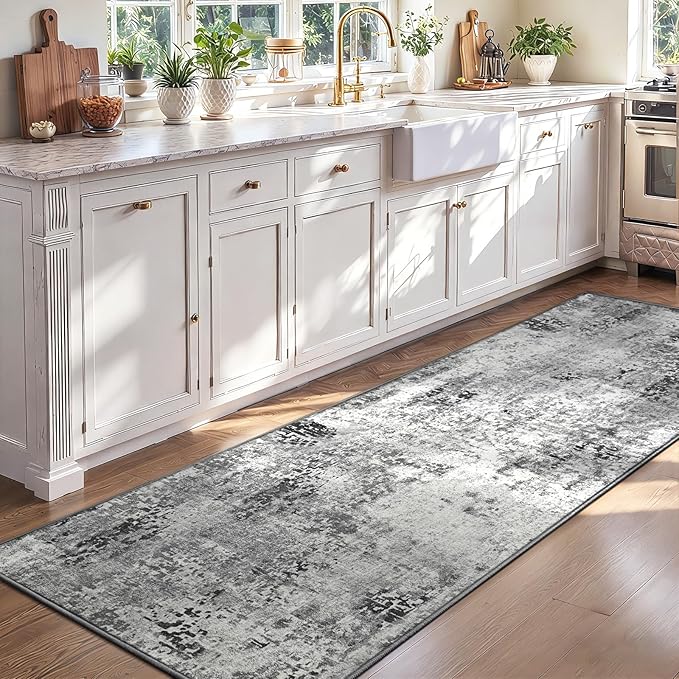 2x8 Grey Rug Runners for Hallways Kitchen Runner Rug Non Slip Washable Black Long Runner Rugs with Rubber Backing Soft Abstract Carpet Runner for Bedroom, Kitchen, Bathroom, Entryway
