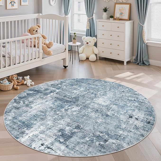 Soalmost 6x6 Blue/Grey Round Rug 6ft Living Room Circle Rug Vintage Round Area Rug Non Slip Indoor Carpet for Dining Room Bedroom