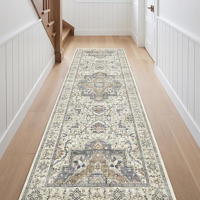 3x10 Non Slip Hallway Runner Rug - Washable Vintage Distressed Kitchen Carpet, Ultra-Thin Soft Low Pile Entryway Mat with Rubber Backing for Bedroom Living Room (Beige/Blue)