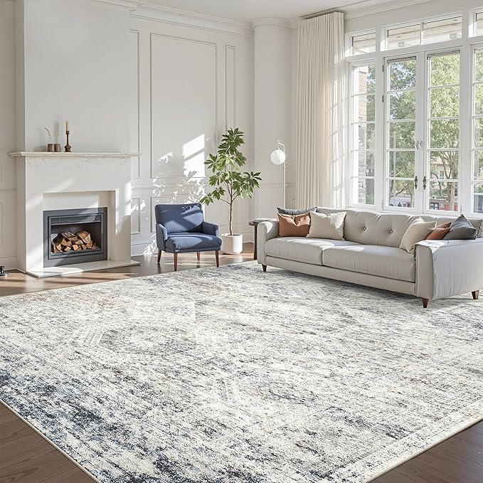 Soalmost 10x14 Area Rugs for Living Room, Non Slip Machine Washable Vintage Rugs, Low Pile Lightweight Large Rug for Bedroom, Dining Room, Home Office Blue Ivory