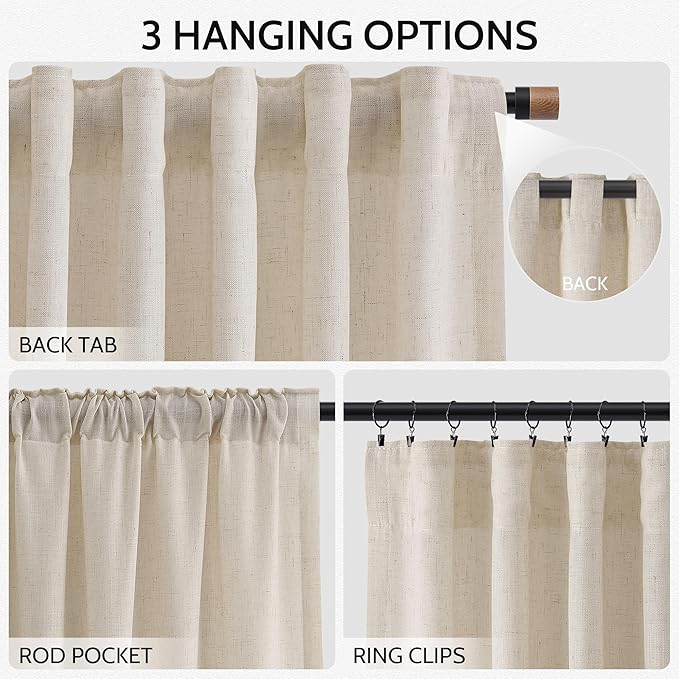 Nanspring Living Room Curtains 63 Inch Length Linen Cream Beige Luxury Light Filtering Semi Sheer Curtain Back Tab Modern Farmhouse Decor Elegant Coastal Drapes for Bedroom Office 52x63, 2 Panels