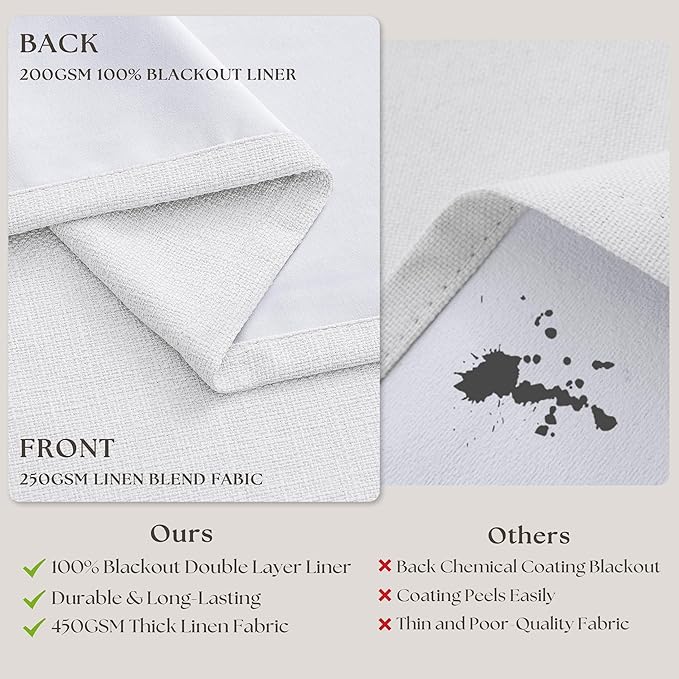 Snow White Pinch Pleated Blackout Linen Curtains 86 Inches Long for Bedroom Pleated 100% Black Out Drapes with Liner Modern Farmhouse Extra Long 86 Inch Window Curtain Panel for Living Dining Room