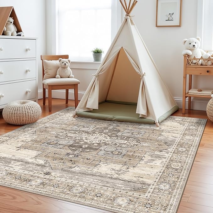 RUUGME Dining Room Rugs for Under Table - Washable Living Room Area Rug Stain Resistant Carpet Vintage Lightweight Ultra-Thin Rugs for Bedroom Kitchen with Non Slip Backing Home Decor 6x6 Beige