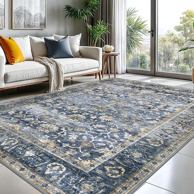 KUTA Floral Area Rugs for Living Room 8x10 Blue Grey Beige, Washable Large Rug for Bedroom 8ft x 10ft Non-Slip, Low-Pile Ultra Thin Soft Printed Vintage Medallion Distressed Dining Room Carpet