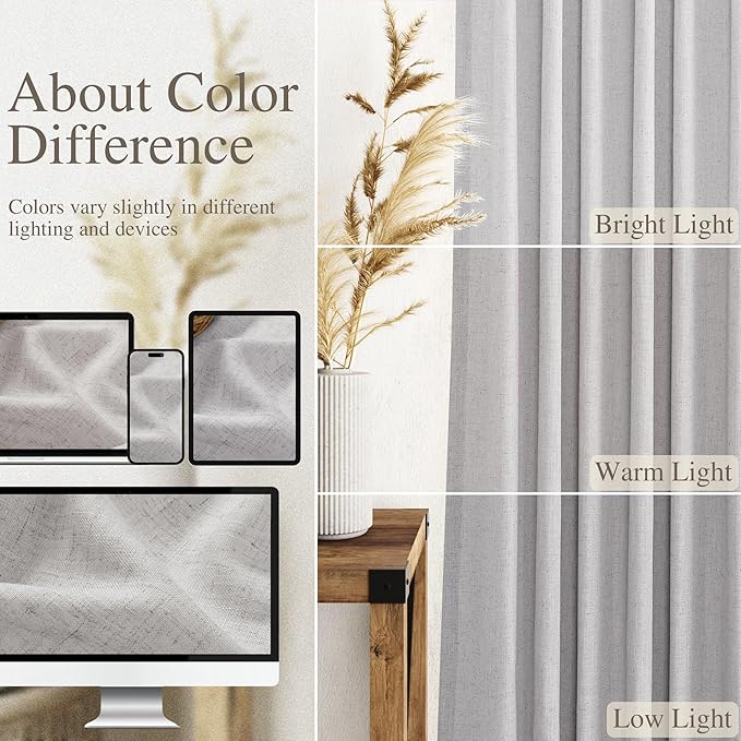 Grey Linen Back Tab Curtains 96 Inches Long 2 Panels Set for Living Room Sliding Glass Door Grey Semi Sheer Curtains Light Filtering Canvas Cloth Linen Drapes 96 Inch Floor to Ceiling Length