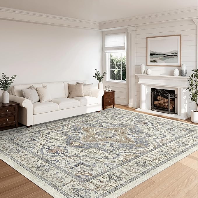 Beige 8x10 Washable Large Area Rug, Non-Slip Soft Ultra-Thin Polyester Carpet with Vintage Vintage Stain Large Rug for Living Room, Bedroom, Dining Room & Open-Concept Spaces Oeko-TEX - Beige/Blue