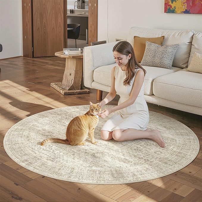 Soalmost 6x6 Beige Round Rug 6ft Living Room Circle Rug Vintage Round Area Rug Non Slip Indoor Carpet for Dining Room Bedroom