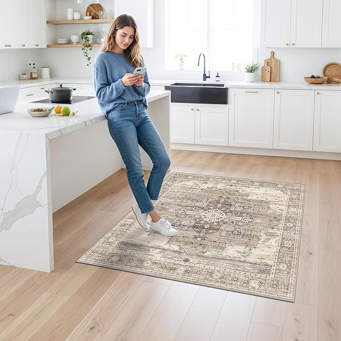 RUUGME Decorative 4x4 Rugs Square - Soft Area Rugs for Living Room Stain Resistant Vintage Ultra Thin Rugs for Bedroom Kitchen entryway with Non Slip Backing Home Decor 4x4 Beige