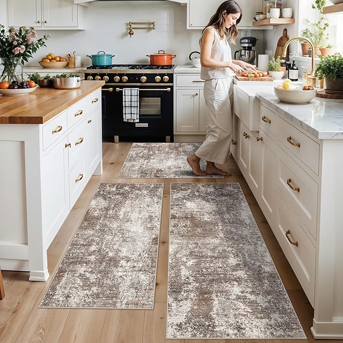 3-Piece Kitchen Rug Set with Runner – Non-Slip Washable Small Kitchen Mats for Floor, Sink & Entryway – Soft Boho Throw Area Rugs for Kitchen Decor (Brown Beige, 2x3+2x4+2x5)