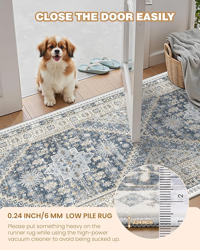 6x9 Area Rugs for Living Room,Soft Low Pile Indoor Washable Rugs for Bedroom, Non-Slip Backing Vintage Large Area Rug, Printed Vintage Floral Carpet(Blue/Beige,6'x9')