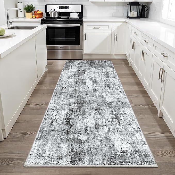 3x6 Washable Wide Runner Rug – Non-Slip Floor Carpet Runner for Kitchen Entryway Hallway Bathroom, Modern Abstract Low Pile Thin Area Rug (Grey)