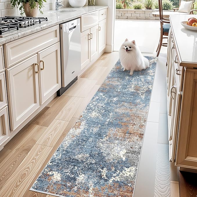 2x8 Washable Non-Slip Hallway Runner Rug – Modern Coastal Abstract Neutral Stain-Resistant Low-Pile Carpet Runner for Kitchen Entryway Bedroom Bathroom (Blue Rust,2x8)