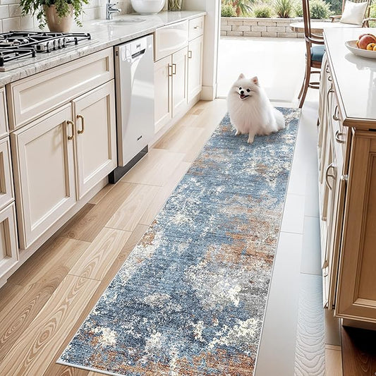 2x8 Washable Non-Slip Hallway Runner Rug – Modern Coastal Abstract Neutral Stain-Resistant Low-Pile Carpet Runner for Kitchen Entryway Bedroom Bathroom (Blue Rust,2x8)