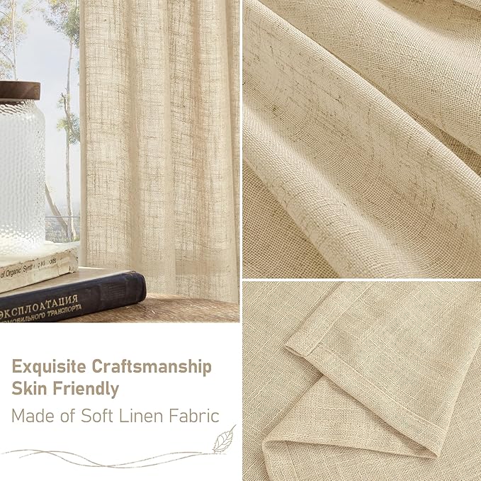 LAMIT 60 Inch Length Window Linen Curtains, Semi Sheer Light Filtering Panels Back Tab and Rod Pocket Drapes for Bedroom/Living Room, Linen, 2 Panels, 34 x 60 Inch