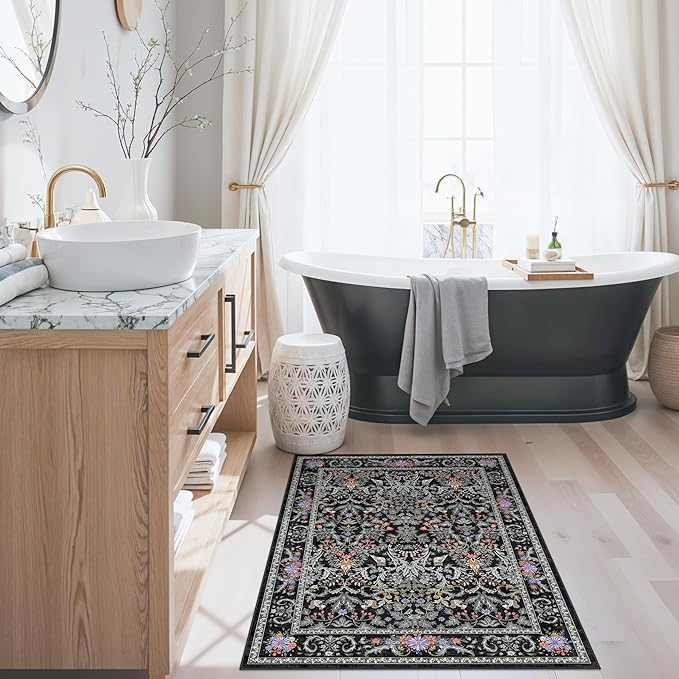 2x3 Entryway Rug Washable Non-Slip - Soft Low Pile Botanical Small Area Rug for Kitchen Bedroom - Boho Floral Indoor Door Mat with Rubber Backing (Vibrant Black, 2x3)