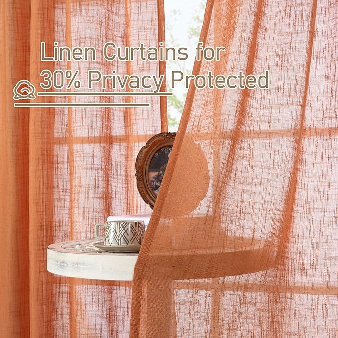 LAMIT Burnt Orange Semi Sheer Window Linen Curtains 63 Inch Length, Light Filtering Panels Back Tab and Rod Pocket Country Decor Drapes for Bedroom/Living Room, 2 Panels, 34 x 63 Inch