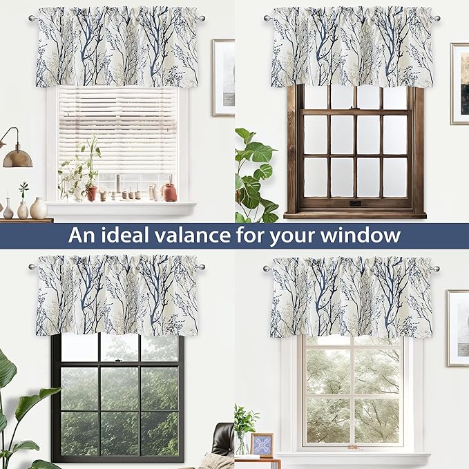 DriftAway Tree Branch Linen Lined Valance Double Layer Thermal Insulated Room Darkening Blackout Valances 3 Inch Rod Pocket Short Window Valance for Living Room Bathroom 52 Inch by 24 Inch Blue