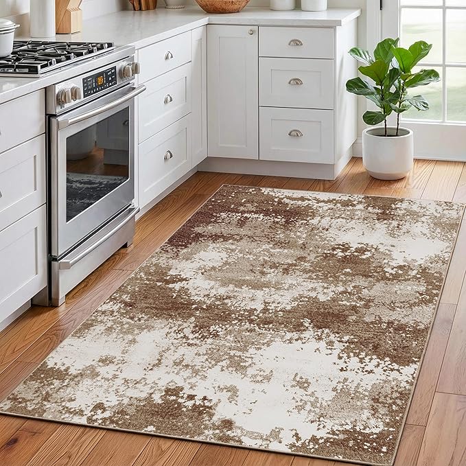 Entryway Rug 3x5 Brown Door Mat Indoor Entrance 36x60, Washable Small Throw Rugs for Kitchen Floor, Entry, Front Door, Bedroom Bedside, Non-Slip Low Pile Stain & Fade Resistant, Abstract Coffee