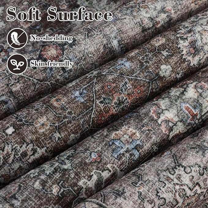 GarveeHome Area Rugs 4x6 Vintage Printed Floor Carpet with Non-Slip Backing, Stain-Resistant Oriental Throw Rugs, Washable Farmhouse Low Pile Rugs for Living Room, Bedroom, Office, Brown