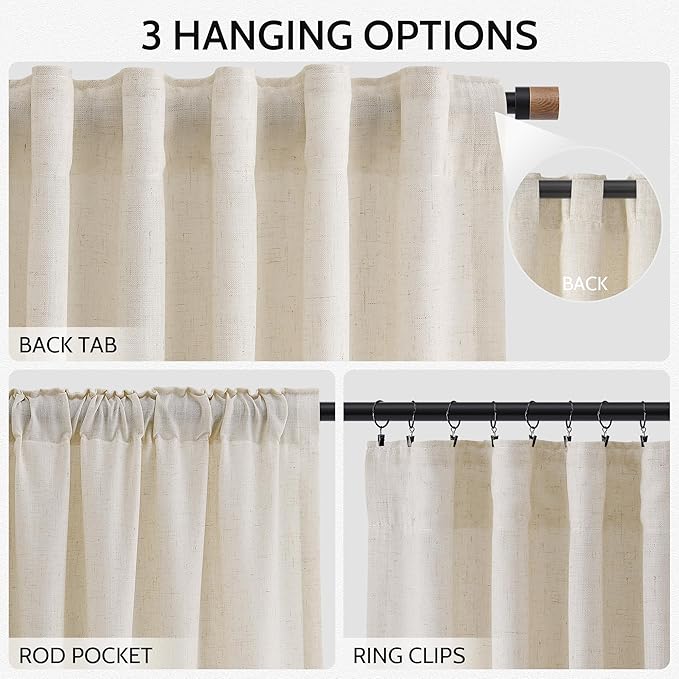 Birch Beige Linen Curtains for Living Room 126 Inches Long Light Filtering Semi Sheer Curtain Back Tab Modern Farmhouse Decor Elegant Drapes Floor to Ceiling High Window for Bedroom 52x126, 2 Panels