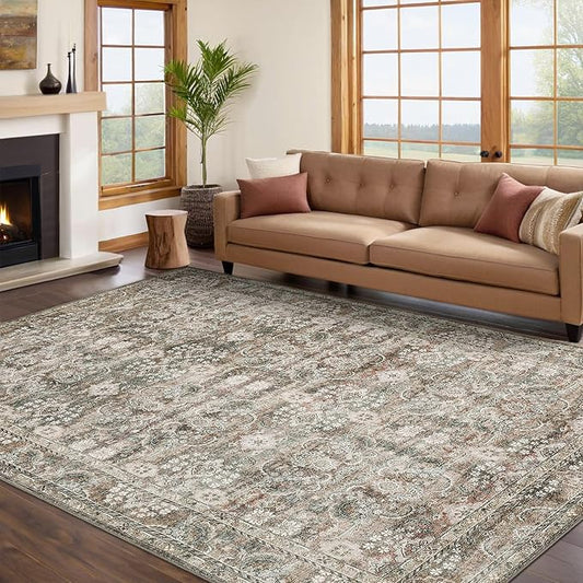 GarveeHome Vintage Floral Area Rug 8x10 Large Soft Washable Rugs for Living Room, Ultra-Soft Retro Distressed Neutral Carpet, Low Pile Non Slip Oriental Floor Mats for Bedroom, Nursery, Camel