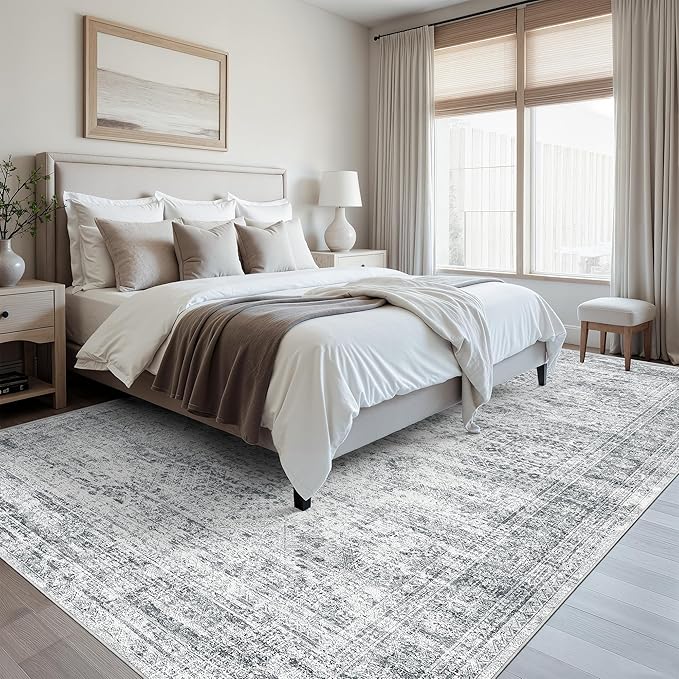 Soalmost Washable Area Rug 8x12, Large Soft Rugs for Living Room Vintage Grey Carpet 8x12 Area Rugs for Bedroom Dining Room Non-Slip Stain Resistant Under Table Rug