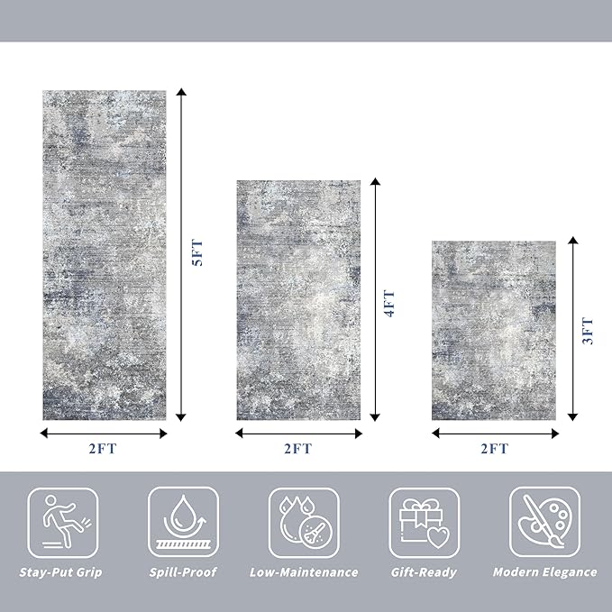 Kitchen Rug Set 3 Piece – Washable Non Slip Runner and Mat Set for Floor Entryway Bathroom Hallway – Soft Low Pile Modern Abstract Neutral Small Rugs (Blue Grey,2x3+2x4+2x5)