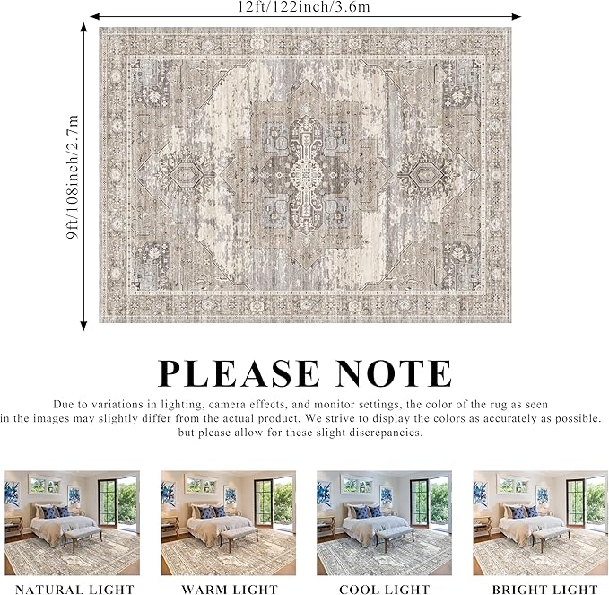 RUUGME Washable 9x12 Area Rug - Rugs for Living Room Bedroom Dining Room Non-Slip Vintage Rugs More Durable and Incredibly Soft Great Home Decor (9x12 Beige)