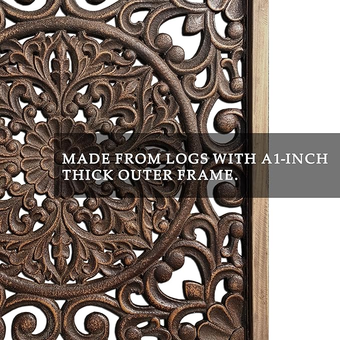 XIAOAIKA Boho Carved Wood Wall Sculpture, Intricate Floral Mandala Design with Distressed Brown Finish, Vintage Farmhouse Wall Art Panel with Solid Wood Frame for Bedroom Entryway (22.5" x 22.5")