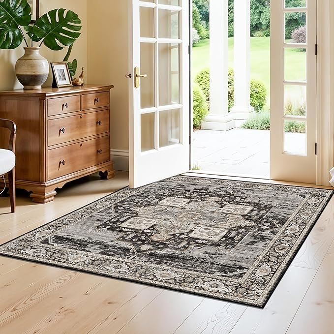 RUUGME Decorative 4x4 Rugs Square - Soft Area Rugs for Living Room Stain Resistant Vintage Ultra Thin Rugs for Bedroom Kitchen entryway with Non Slip Backing Home Decor 4x4 Black