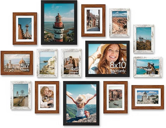 Vittanly 15 Pack Picture Frames Collage Wall Decor for Mounting or Tabletop Display, Gallery Frame Set Including 3pcs 8x10, 6pcs 5x7, 6pcs 4x6, Black, Walnut Brown and Distressed White
