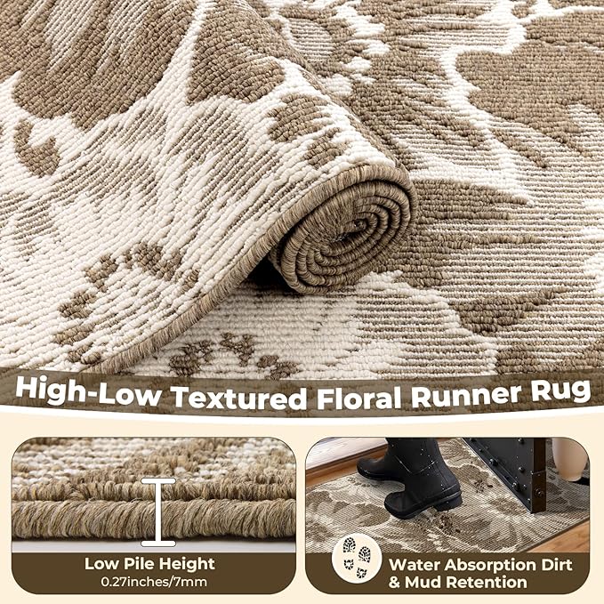 Findosom Hallway Runner Rug 2x8, Non Slip High-Low Textured Floral Washable Runner Rug with Rubber Backing, Boho Carpet Runner for Kitchen, Entryway, Bedroom, Laundry, Brown