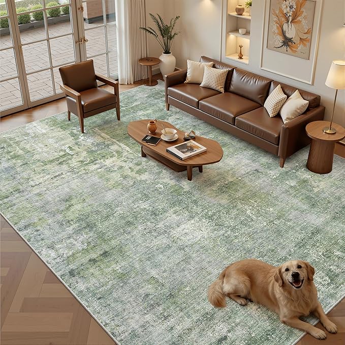 Soalmost 9x12 Area Rugs for Living Room, Non-Slip Machine Washable Vintage Rugs, Abstract Low Pile Lightweight Large Rug for Bedroom, Dining Room, Home Office Green Ivory
