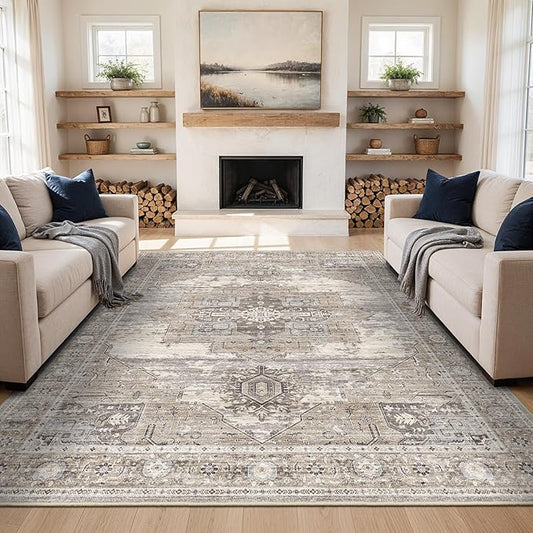 7x8 Area Rug for Living Room: Washable Ultra Thin Soft Rugs with Non-Slip Backing Oriental Easy Care Farmhouse Carpets for Bedroom Dining Room Home Office and High-Traffic Areas 7x8 Beige