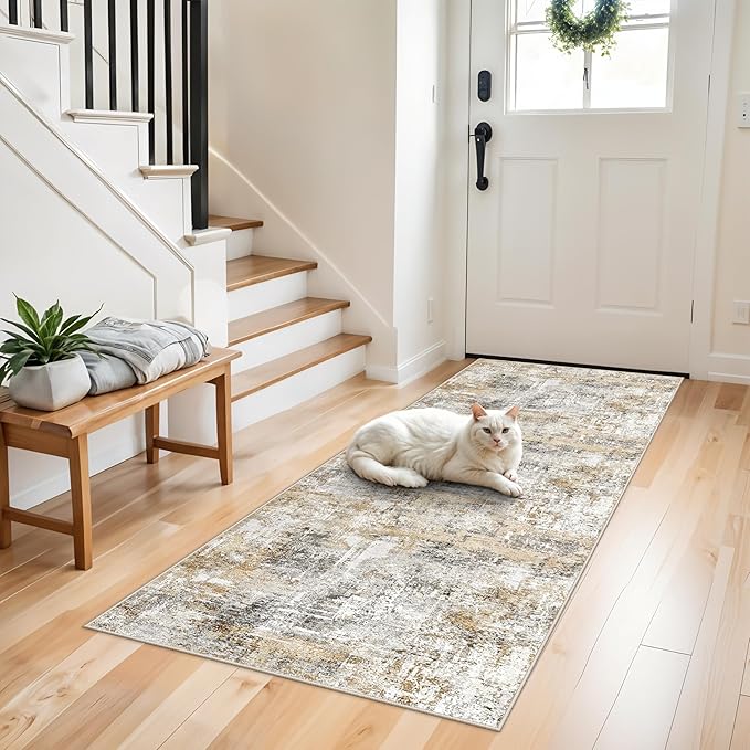 2x6 Washable Non-Slip Hallway Runner Rug – Modern Abstract Soft Carpet Runner for Kitchen, Bedroom with Rubber Backing – Low-Pile Thin Stain-Resistant Rug for Laundry Room, Entryway (Gold Grey)