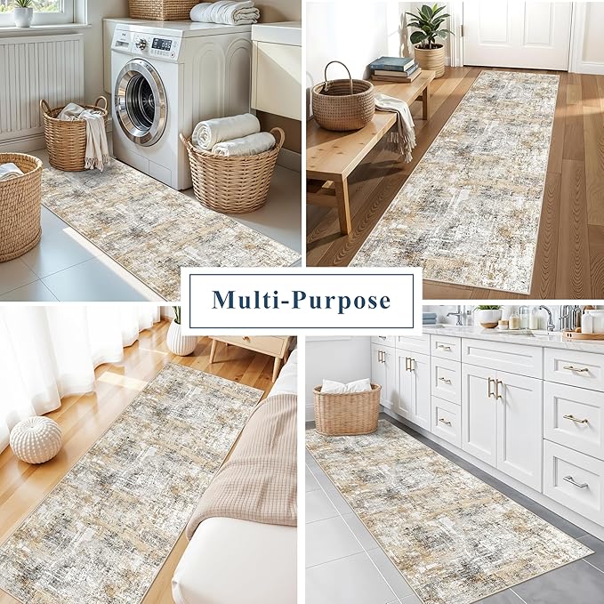 2x6 Washable Non-Slip Hallway Runner Rug – Modern Abstract Soft Carpet Runner for Kitchen, Bedroom with Rubber Backing – Low-Pile Thin Stain-Resistant Rug for Laundry Room, Entryway (Gold Grey)