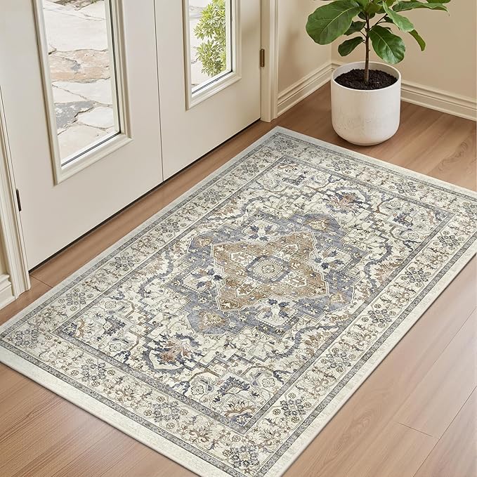 Washable Entryway Runner Rug - 2x3 Kitchen Rug Distressed Low Pile Mats Non Slip Soft Rugs for Dining Room with Rubber Backing Bedroom Runner with Vintage Design (Beige/Blue 2x3)