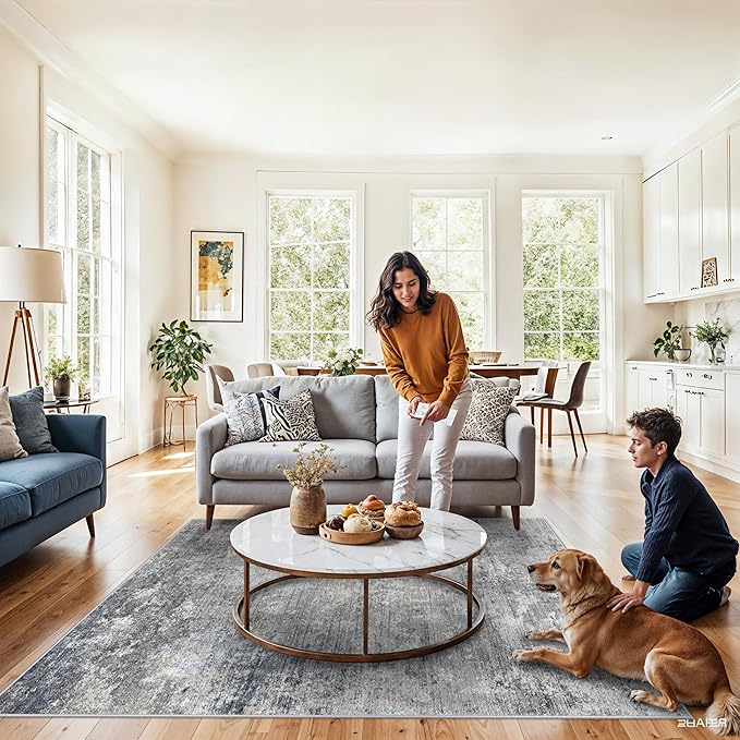 5x8 Washable Rug Living Room - Non-Slip Modern Abstract Neutral Indoor Rug for Bedroom Kitchen Dining Room - Low Pile Soft Carpet（Blue Grey,5x8）