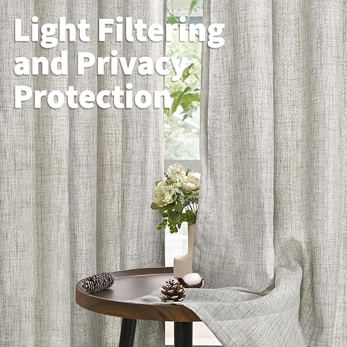 YoungsTex Dark Grey Linen Curtains 48 Inch Length for Short Window, Light Filtering Semi Sheer Drapes with Bronze Grommet for Living Room Bathroom Bedroom, 2 Panels, 42 X 48 Inch